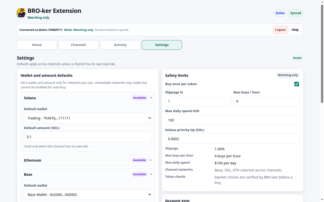BRO-ker Extension responsive settings showing wallet defaults and safety limits